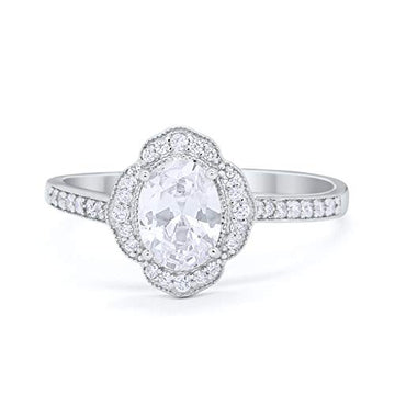 Art Deco Oval Wedding Ring Simulated Cubic Zirconia 925 Sterling Silver
